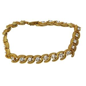 Vintage‎ Gold Tone Textured Rope S Link Crystal Tennis Bracelet Elegant Chunky